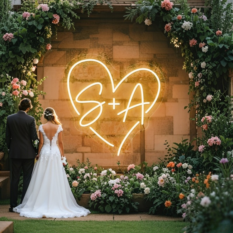 Lighting Christmas Decor - カスタムイニシャルハートLEDネオンサイン、結婚式パーティーの背景、家の壁の装飾、カップルへのギフト用のパーソナライズされたネームネオンライト