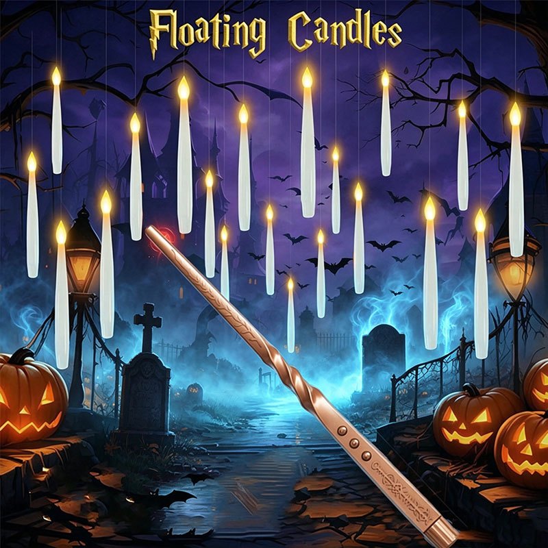 Lighting Decoration Ideas - 魔法のフローティングキャンドル（杖付き）、炎のないLEDハンギングキャンドル、ゆらめく温白色の光、電池式ハロウィンデコレーション